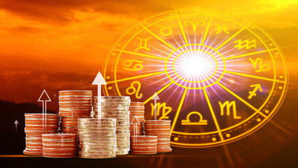 Horoscope with zodiac signs and money coins like astrology and money and astrology and wealth...