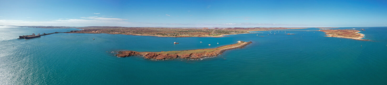 Aerial view of beautiful Tidepole Island and East Intercourse Island with tranquil ocean and scenic coastline, Karratha, Western Australia, Australia.