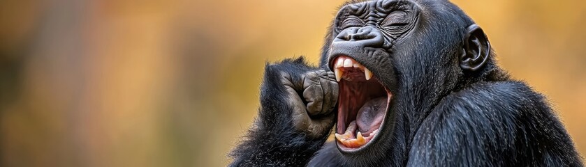 Obraz premium A close-up of a gorilla yawning, showcasing its expressive features against a blurred background, highlighting its majestic presence in nature.