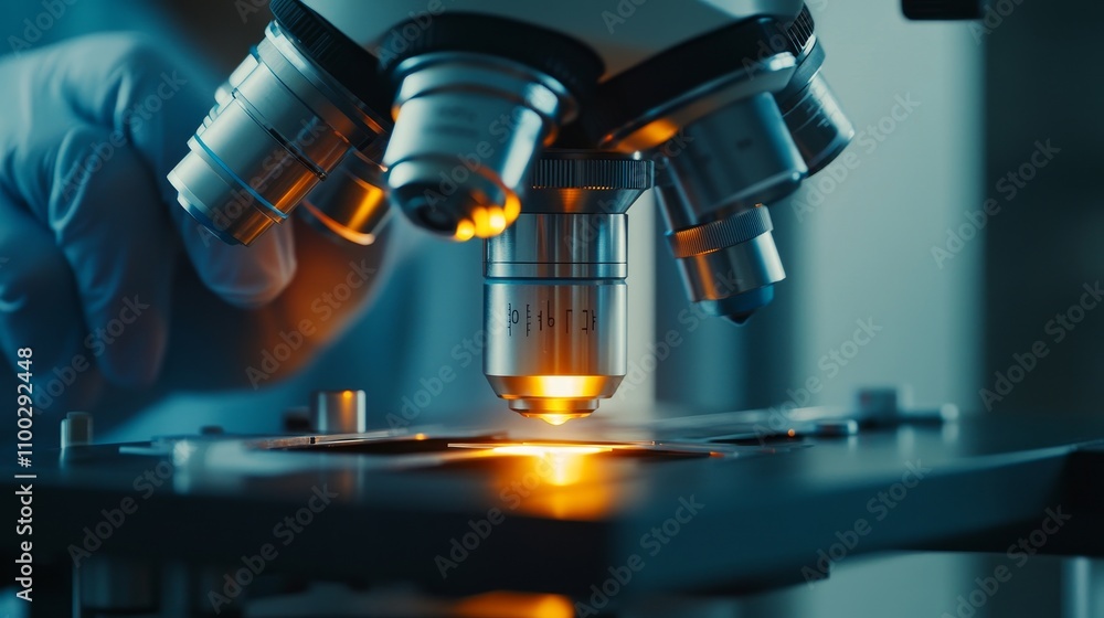Poster a person is looking through a microscope, focusing on a small object