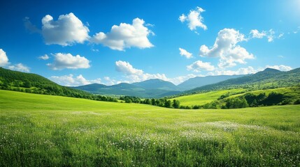 Fototapeta premium Serene Mountain Meadow Landscape Under a Sunny Sky