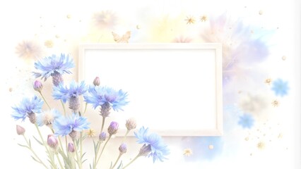 Obraz premium Charming design with blue cornflowers and a blank white frame on a soft watercolor background