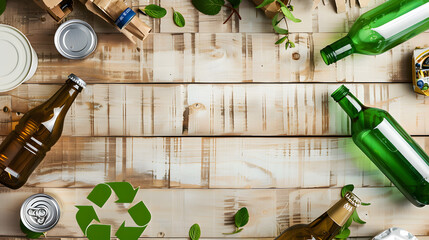 Flat lay of recyclable materials including glass bottles, aluminum cans, cardboard boxes arranged around green recycling symbol on wooden surface, promoting sustainability, environmental care