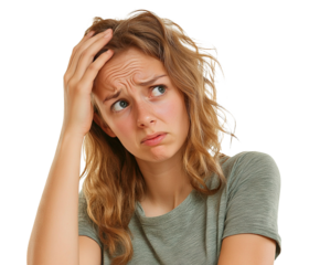 Worried young woman holding her head with a confused expression, isolated on transparent cutout background