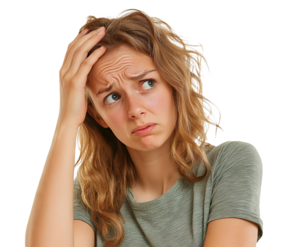 Worried young woman holding her head with a confused expression, isolated on transparent cutout background