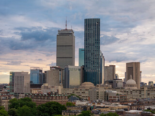 Aerial view of the beautiful skyline featuring the Prudential Center and Statehouse in downtown Boston, Massachusetts.