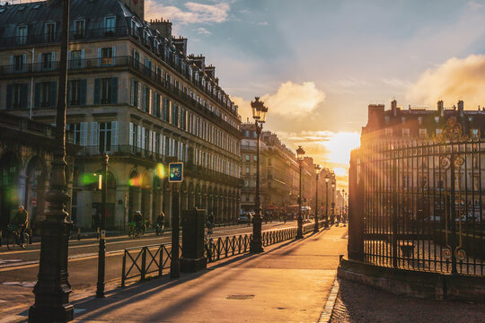 Early morning and sunrise on the streets of Paris, France