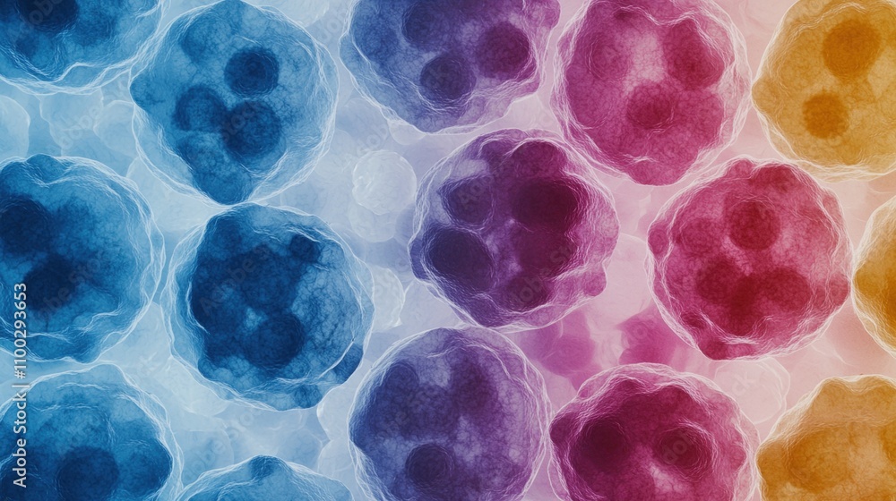 Poster vivid microscopic view of cell mitosis in colorful patterns and intricate details
