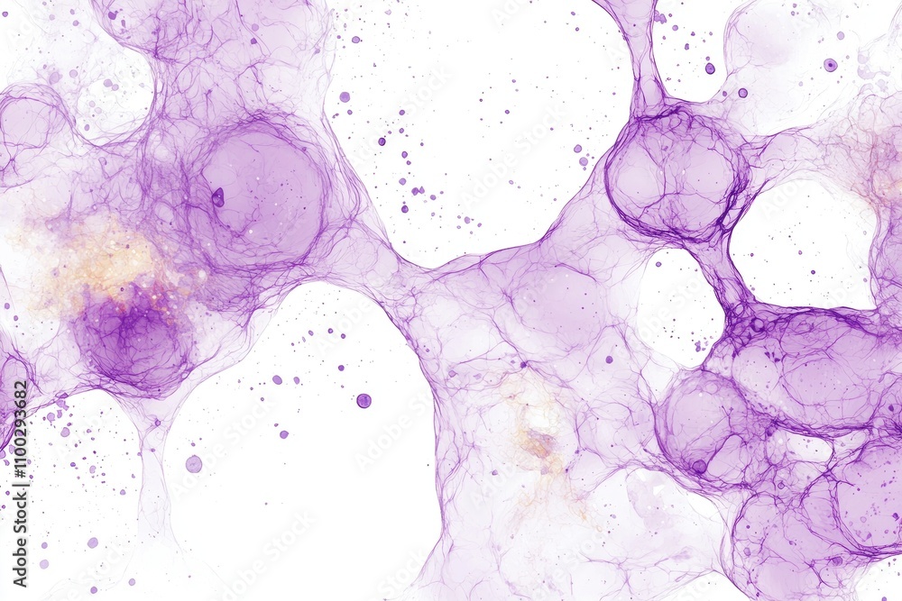 Poster intricate microscopic view of cellular structures with purple hues and abstract patterns