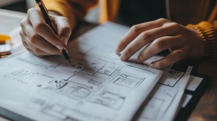 A person is focused on sketching design concepts on paper, utilizing a pen in a bright and cozy workspace. Their hands are engaged in detailed drawing, showcasing creativity and concentration.