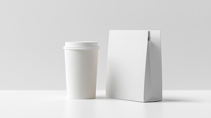 A white coffee cup and a white paper bag are on a table