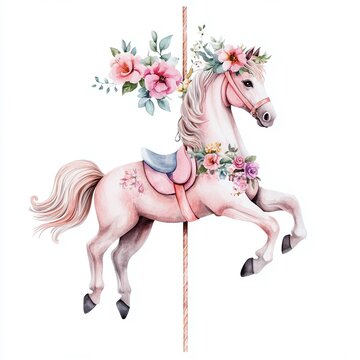 unicorn carousel horse pink flowers wonder magical and fairytale imagination.







