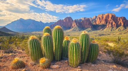 Majestic Cactus Group Before Arizona Mountain Range