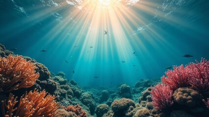 Naklejka premium Sunlit underwater coral reef with vibrant marine life.