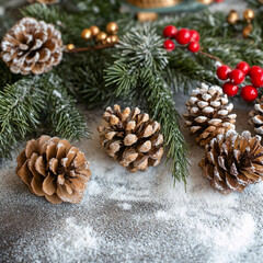 Decorative pinecones and red berries arranged on a snowy surface for a festive atmosphere