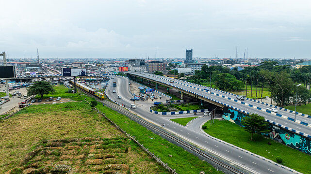Aerial view of CSC Junction with modern infrastructure and greenery, Port Harcourt, Nigeria.