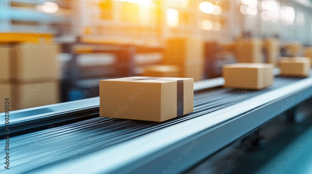 Poster a close-up view of a package moving on a conveyor belt in a modern warehouse, showcasing efficient l
