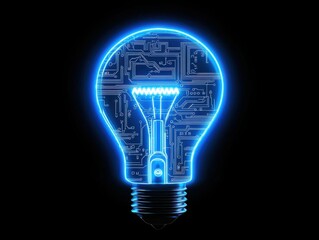 A glowing light bulb design with a circuit pattern inside, symbolizing innovation and technology against a dark background.