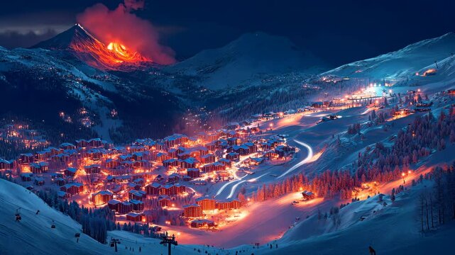 Heatmap of a mountain resort, with intense reds and oranges marking the busiest slopes and lifts, cooler blues in the less crowded areas. . 4K Video