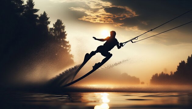 A waterskier catching air, silhouette, action photography, aesthetics,