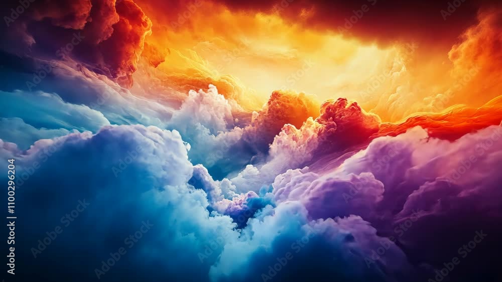 Poster a vibrant artwork featuring abstract clouds blending warm and cool hues, captivating the viewer with