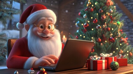 Santa checking and replying emails with a laptop computer at home with Christmas decoration.
