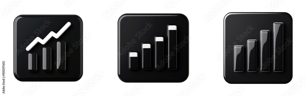 Poster three sleek black icons representing growth and data analysis effectively. transparent background.