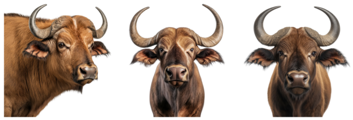 Three unique cattle heads showcasing distinct features and expressions. transparent background.