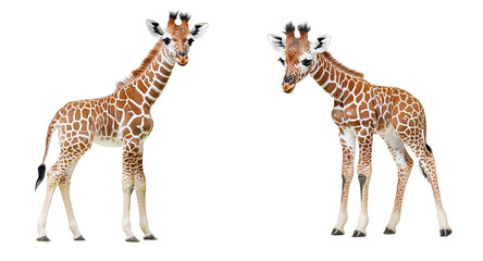 Obraz premium Two adorable baby giraffes playfully interacting in a natural setting. transparent background.