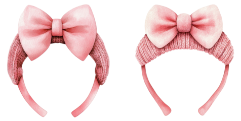 Two cute pink hair accessories with large bows, perfect for children's fashion. transparent background.