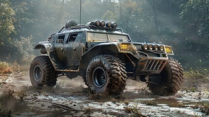 Fototapeta premium An off-road vehicle resembling a Humvee drives through a muddy forest. Large wheels and a yellow signal light suggest its ability to handle rough terrain. The scene is moody and misty