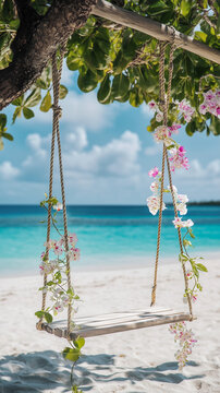 Romantic wooden and rope swing hanging from a branch and decorated with flowers. Background of a beautiful tropical beach.