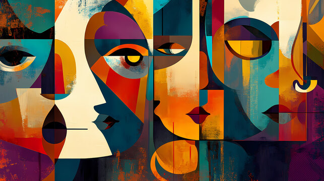 Abstract painting with geometric forms figurative drawings retro expressionism elongated figures restrained expressionism wallpaper background digital art. Cubism. Illustration