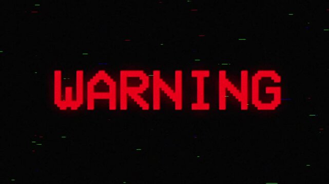 warning. digital glitch 8-bit pixel text animation with distortion effect looped, computer software concept motion background