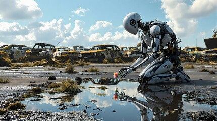 A lone robot kneels by a puddle, a delicate flower held in its metallic hand.  A desolate landscape of abandoned cars surrounds it.