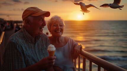 Happy senior couple enjoying ice cream at sunset on the beach