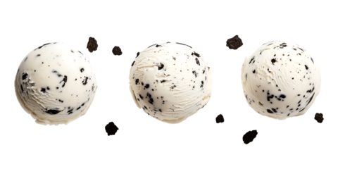 Oreo cookies and cream ice cream scoops with chocolate cookie chunks,Cutout, Isolated on White Background