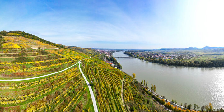 Aerial view of scenic vineyard and terraced fields along the Danube river in autumn, Krems, Austria.