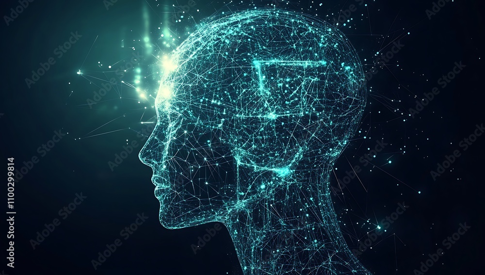 Poster exploring artificial intelligence concepts through digital representations of the human mind with in