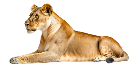 Relaxing lioness lying gracefully with calm expression for wildlife photography,Cutout, Isolated on White Background