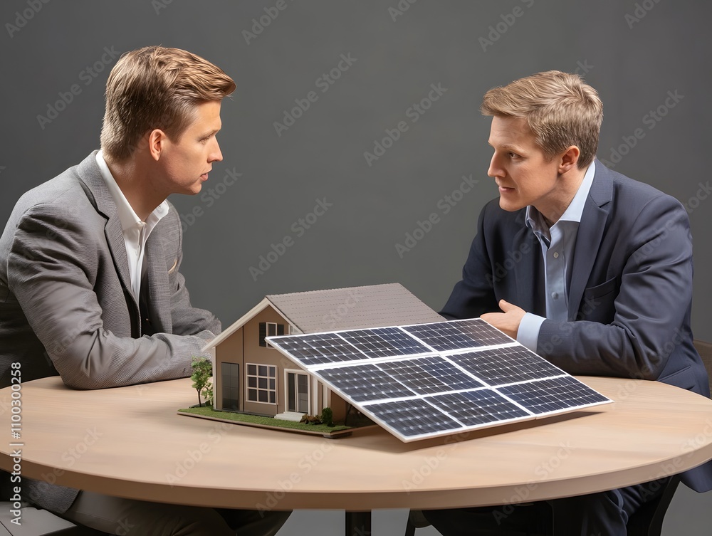 Poster two businessmen engaged in discussion about solar energy solutions with model house featuring solar 