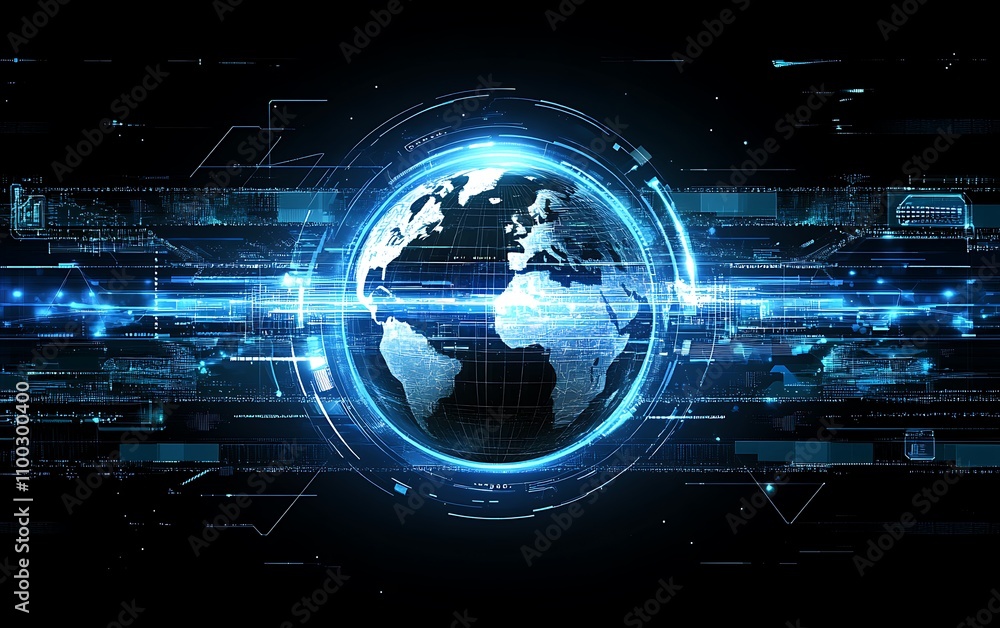 Poster innovative technology vector showcasing a digitally connected globe with high-tech circuitry and glo