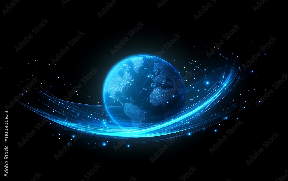 Poster global technology background vector with glowing elements and swirling patterns representing digital