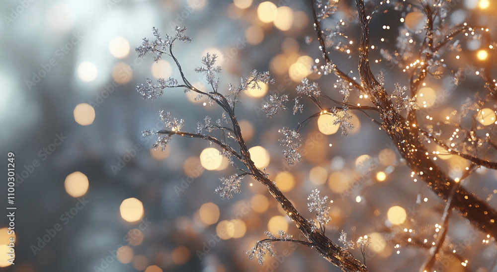 Poster winter evening lights illuminate frost-covered branches in a serene forest setting