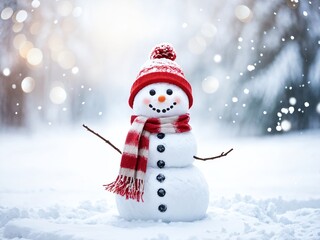 Obraz premium Snowman wearing a red hat and scarf stands cheerfully in a snowy landscape during winter