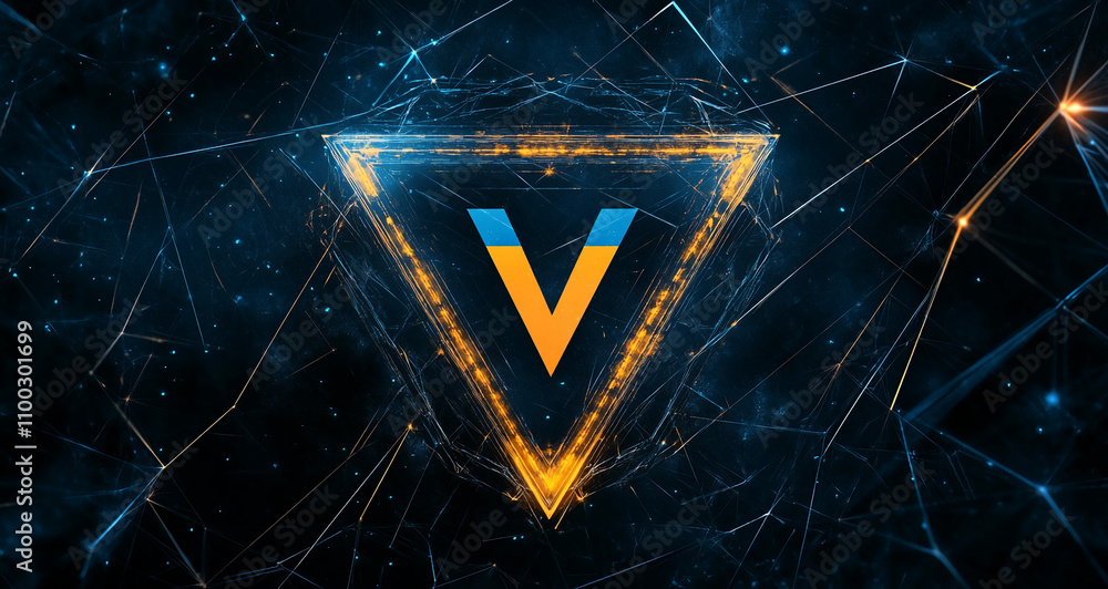 Poster bright geometric logo design featuring vibrant colors and abstract technology elements in a dark bac