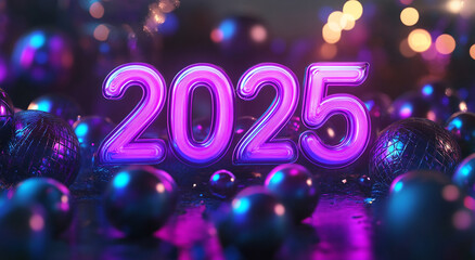 Bright neon display of 2025 with shimmering spheres, perfect for New Year celebrations