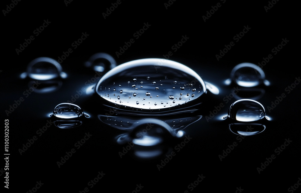 Poster Dew drops gather on a dark reflective surface creating a mesmerizing water design at dawn