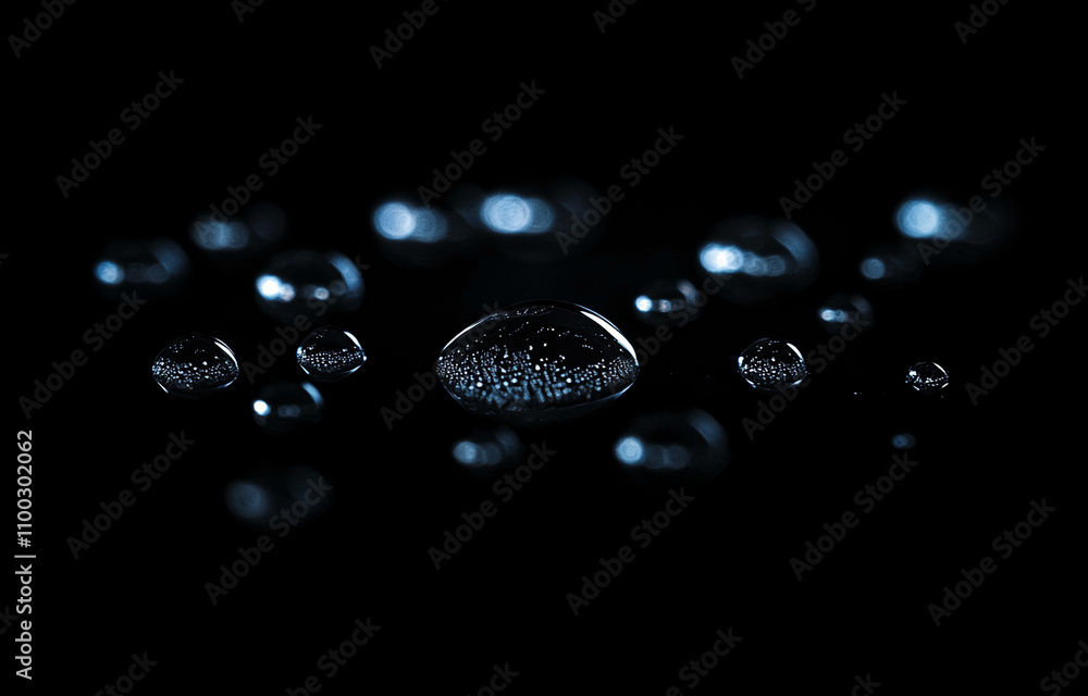 Poster Tiny water droplets shimmer on a dark surface reflecting light in an abstract display