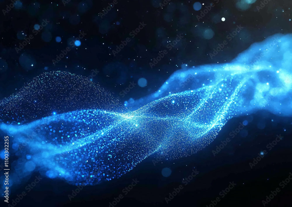Aufkleber Flowing blue particles create a mesmerizing wave pattern in a dark backdrop, showcasing the beauty of digital abstraction